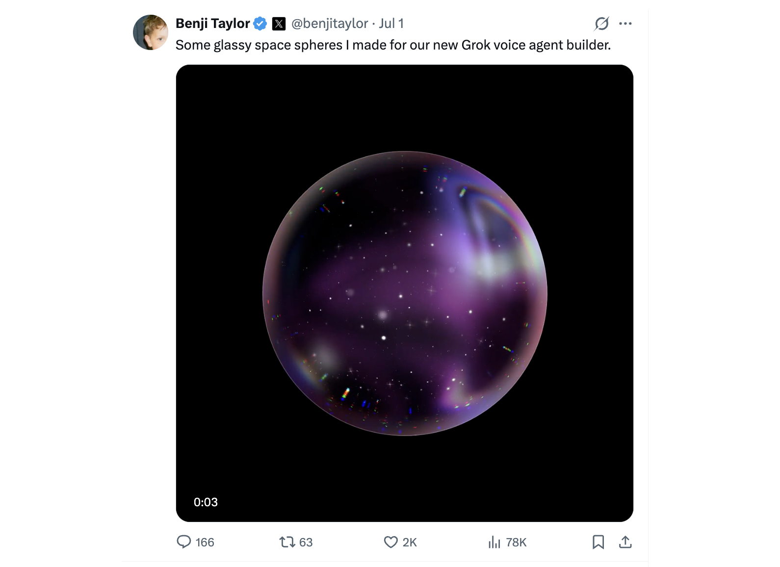 Benji Taylor's X post showing glassy space spheres he made for a Grok voice-agent builder