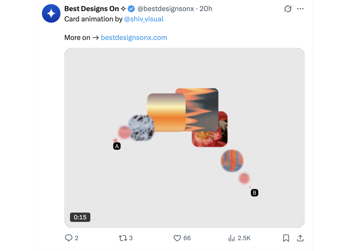 A @bestdesignsonx post resharing a card animation by @shiv_visual, credited to the original maker