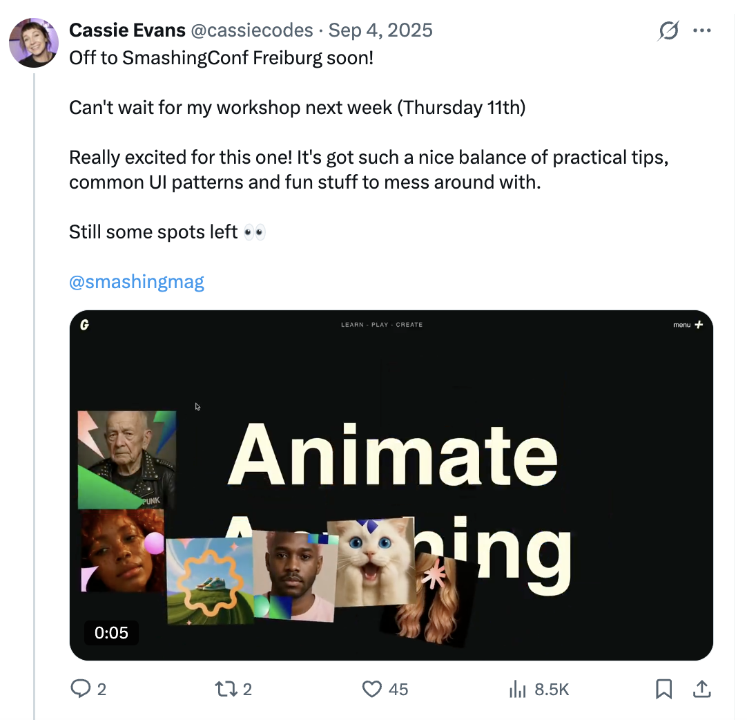 Cassie Evans's X post about her Animate Anything workshop at SmashingConf Freiburg