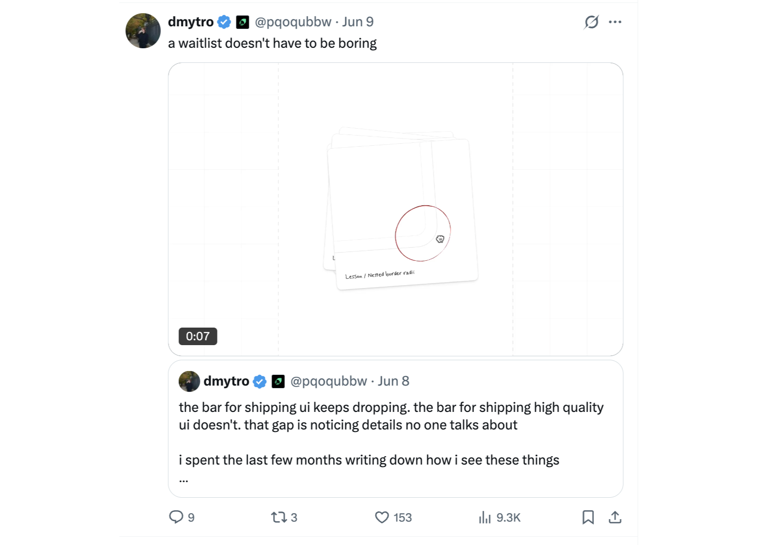 dmytro's X post — 'a waitlist doesn't have to be boring' — showing a nested-border-radius card animation