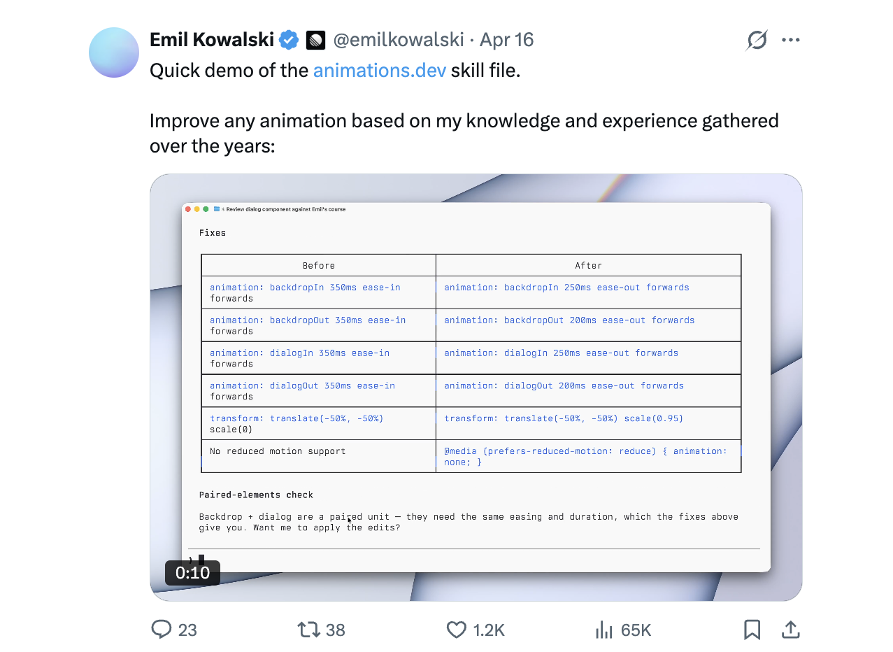 Emil Kowalski's X post: a quick demo of his animations.dev skill file, showing before/after animation timing fixes