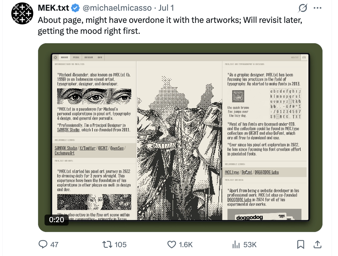MEK.txt's X post iterating on a dense, typographic About-page layout