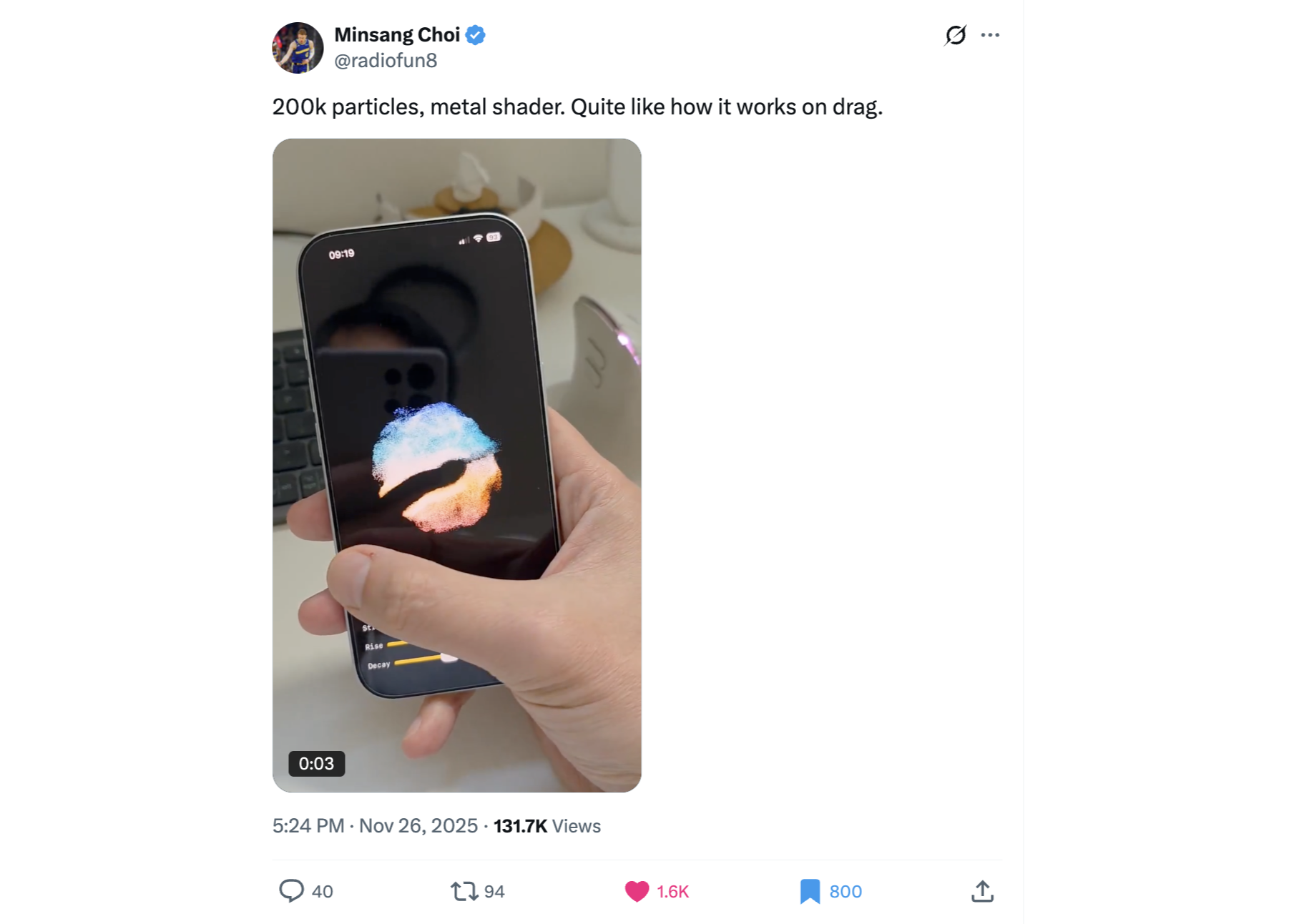 Minsang Choi's X post: a 200k-particle metal-shader effect reacting to drag, shown running on a phone