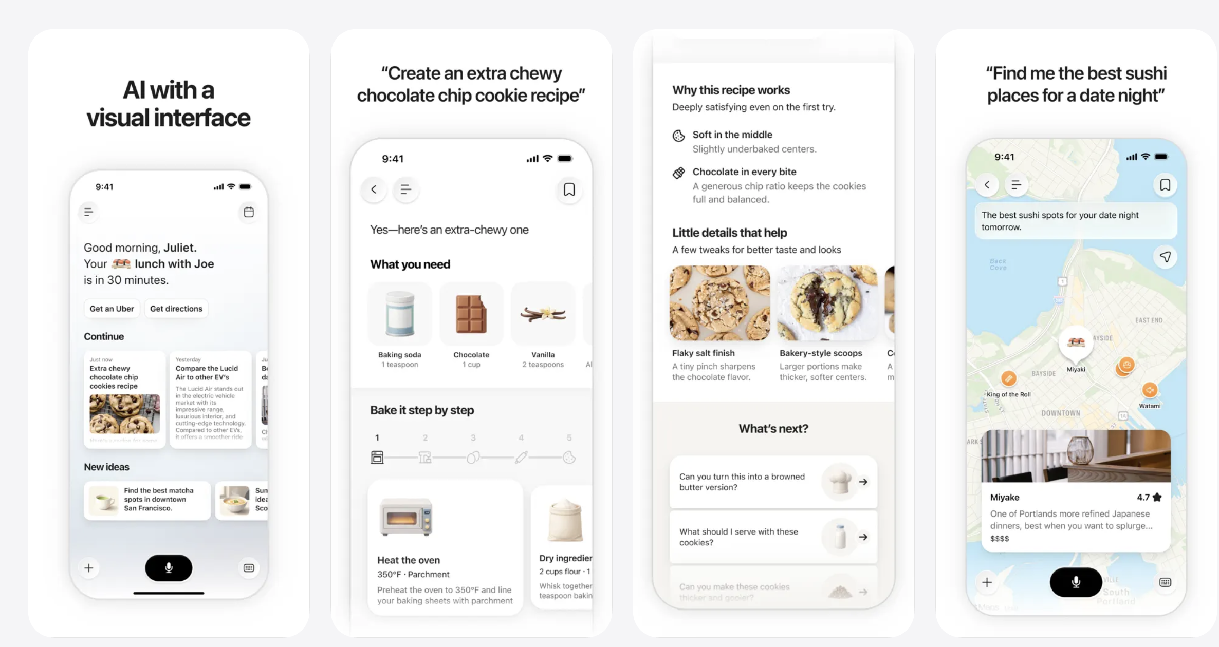 Four Monogram screens: a good-morning home view with quick actions, a step-by-step chocolate-chip cookie recipe, a why-this-recipe-works detail, and a map of sushi spots for date night — each a purpose-built interface generated for the request.