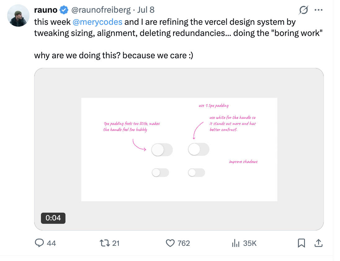 Rauno Freiberg's X post on refining the Vercel design system—annotations on toggle handle padding, color, and shadows