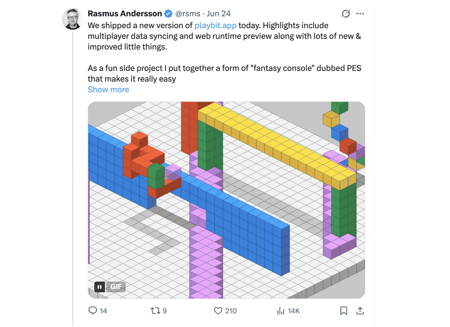 Rasmus Andersson's X post announcing a new version of playbit.app with multiplayer data syncing and a web runtime preview