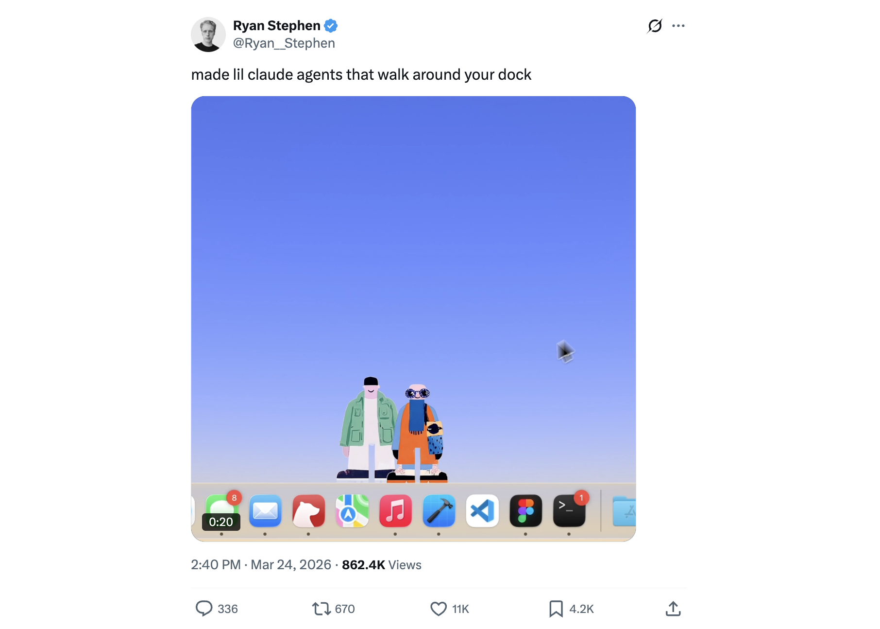 Ryan Stephen's X post showing little Claude agents that walk around your macOS dock