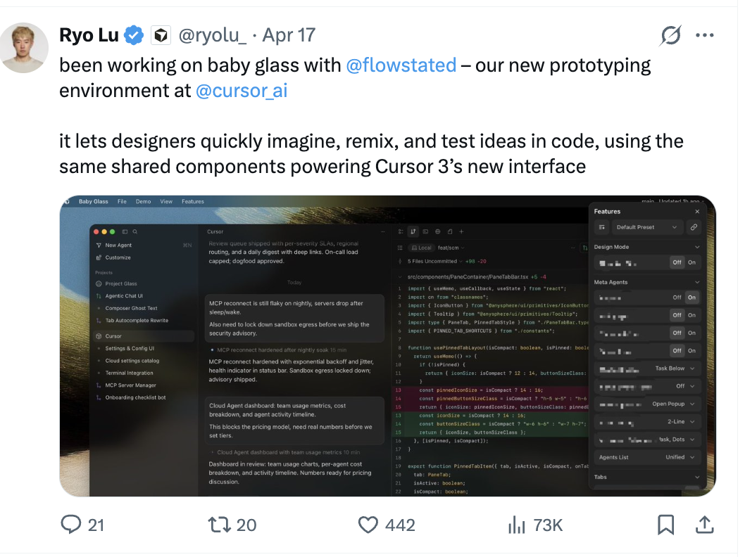 Ryo Lu's X post on a new in-code prototyping environment for Cursor that reuses its shared component system