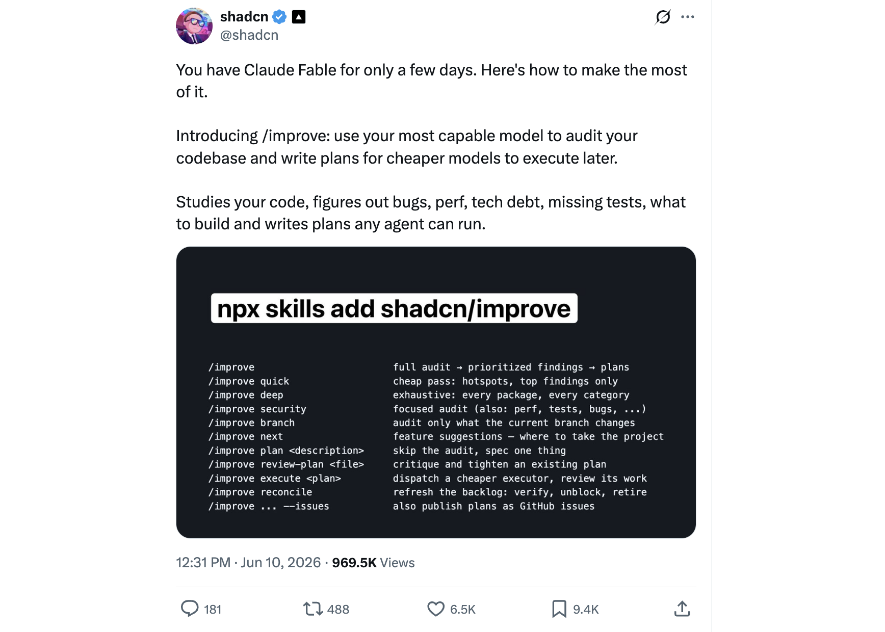 shadcn's X post introducing /improve, a skill that audits your codebase and writes plans cheaper models can execute