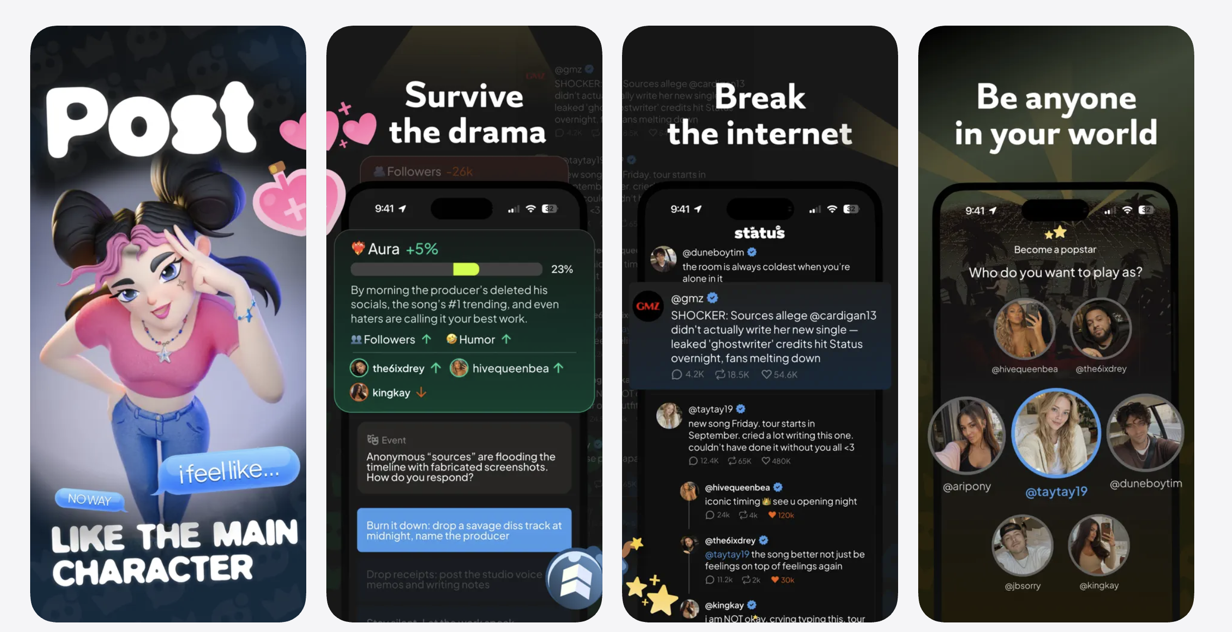 Status AI App Store screens: Post like the main character, Survive the drama, Break the internet, Be anyone in your world