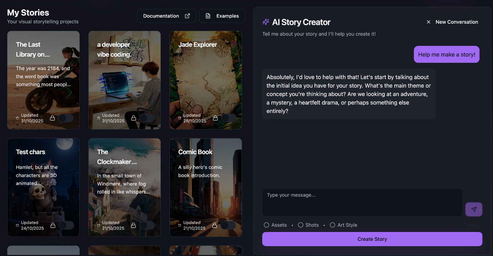 Story Machine interface showing the initial setup and project creation
