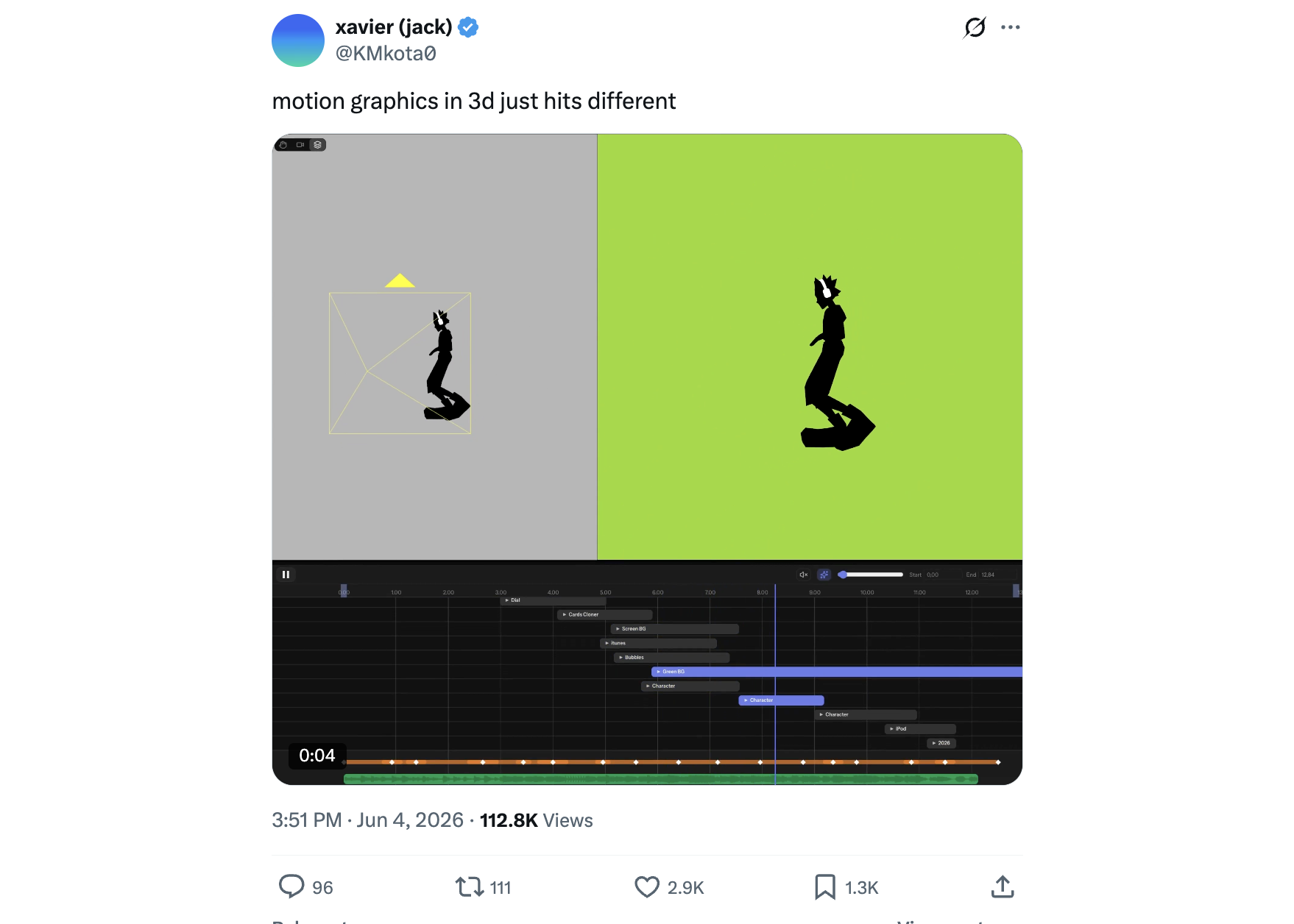 xavier (jack)'s X post showing 3D motion-graphics character animation in a timeline editor